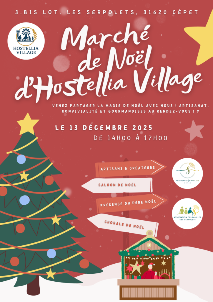 Affiche du Marché de Noël du 13 décembre 2025 présentant les animations, les décorations et l’appel aux artisans dans une ambiance hivernale et festive.
